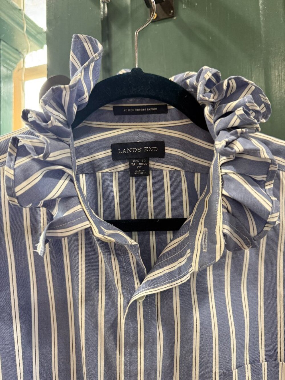 LAND'S END Blue w/White Stripe  Upcycled  Repurposed One-of-Kind Shirt